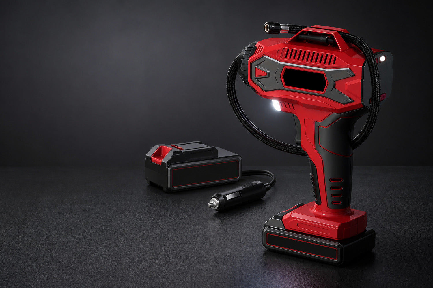 Red-and-black Relay 37 showing its compact housing, work light, hose storage, battery and 12V adapter