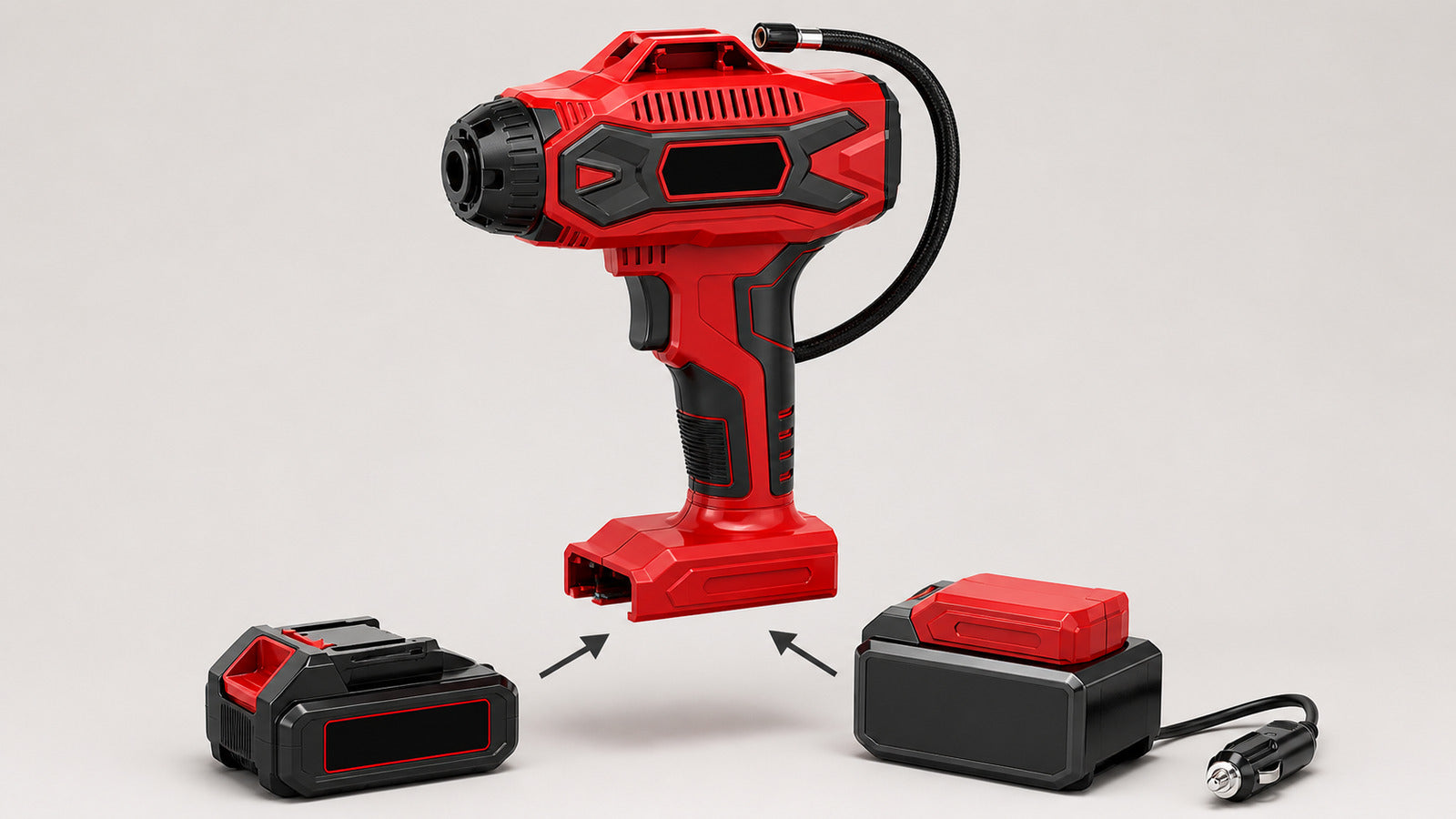 Removable battery and 12V adapter aligned with the same Relay 37 power slot