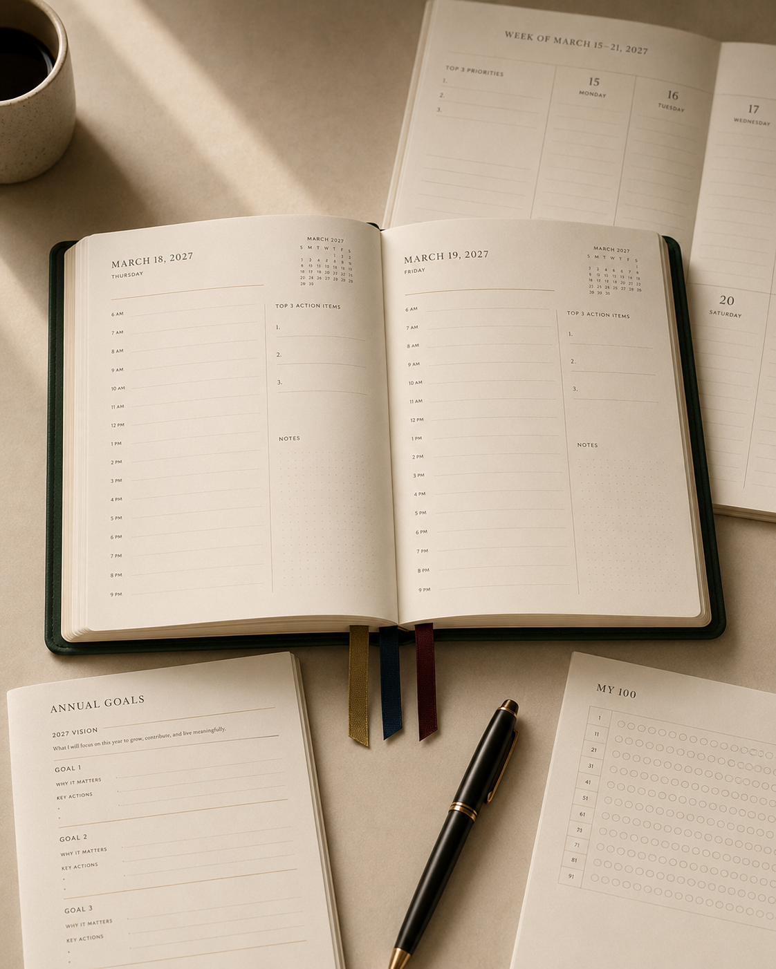 The Yearbook planner open to daily planning pages with Top 3 action items, a weekly spread, and planning inserts.