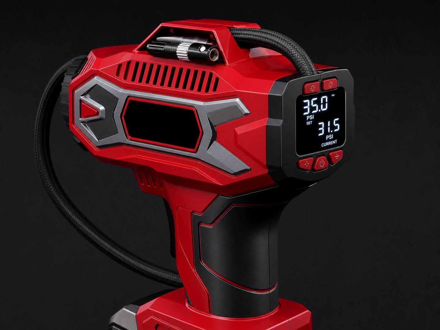 Rear Relay 37 display showing a 35.0 PSI target and 31.5 PSI current pressure beside a blank black side badge panel
