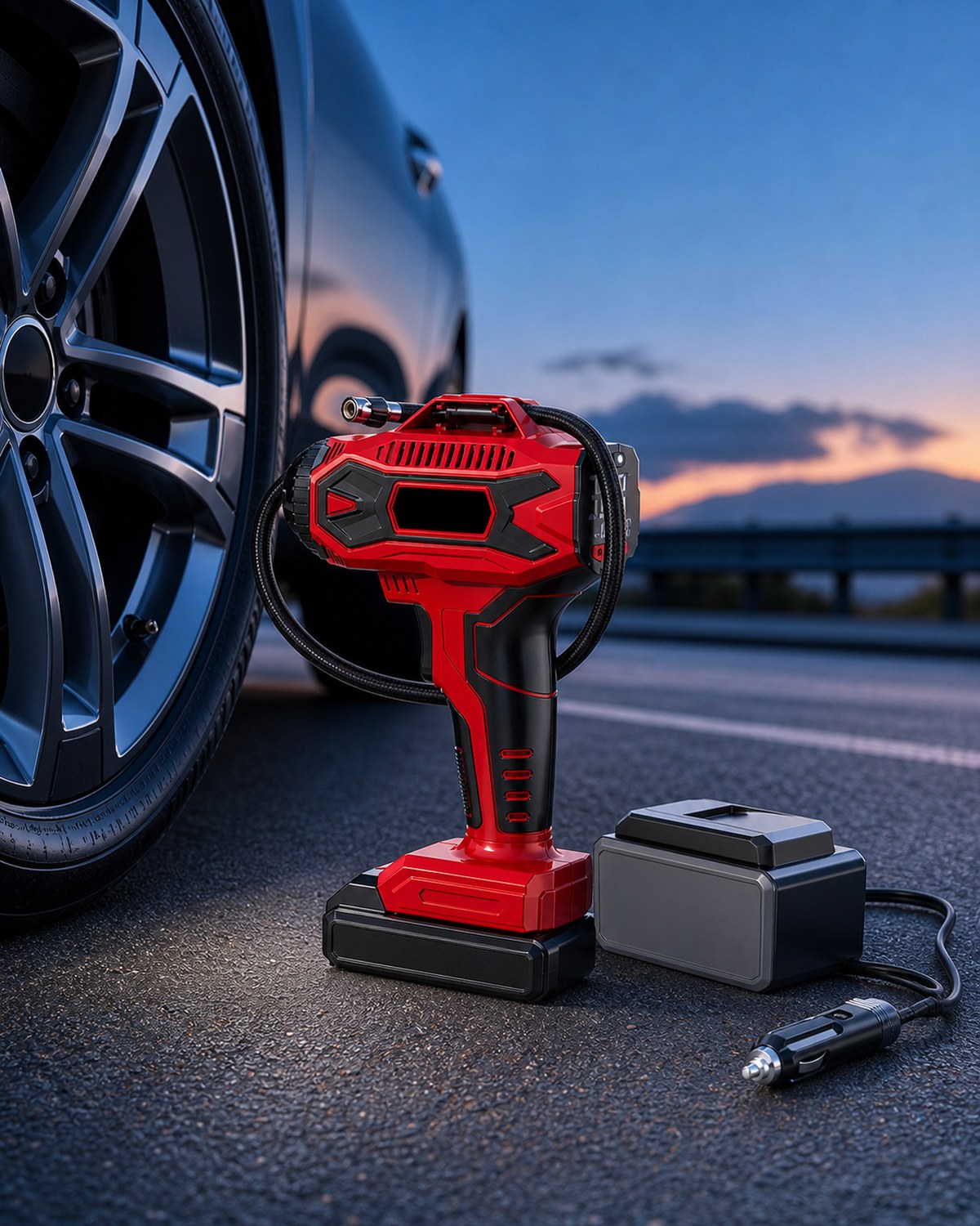Roadstead Relay 37 beside a car wheel with its battery installed and 12V adapter nearby