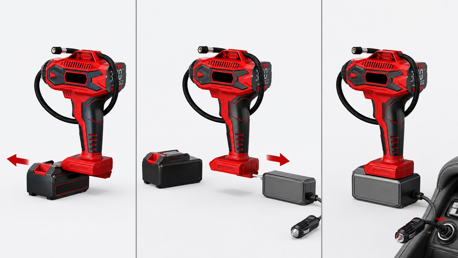 Three steps for replacing the depleted battery with the 12V vehicle-power adapter